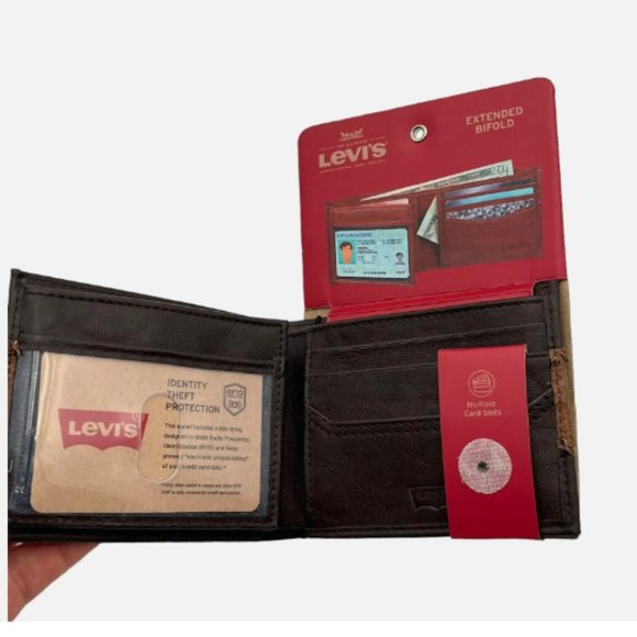 Levi's Men's RFID-Blocking Extended Bifold Wallet Brown/ Tan 2-ID Windows - Picture 4 of 13
